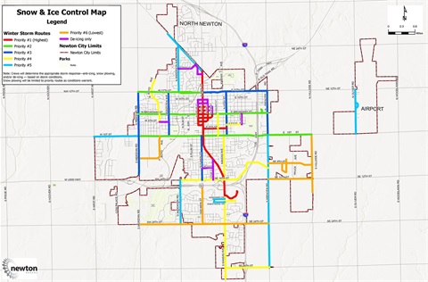 Snow route map showing which city streets are treated or plowed during winter storms