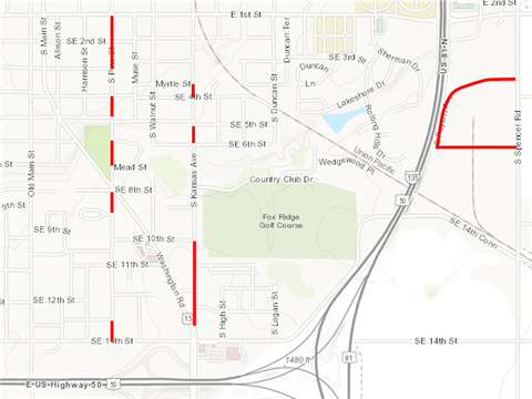 Map showing locations of mill and overlay work