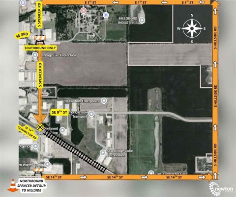 Map showing that Spencer is open to southbound traffic only, and northbound traffic is detoured east on Southeast 14th to Hillside Road